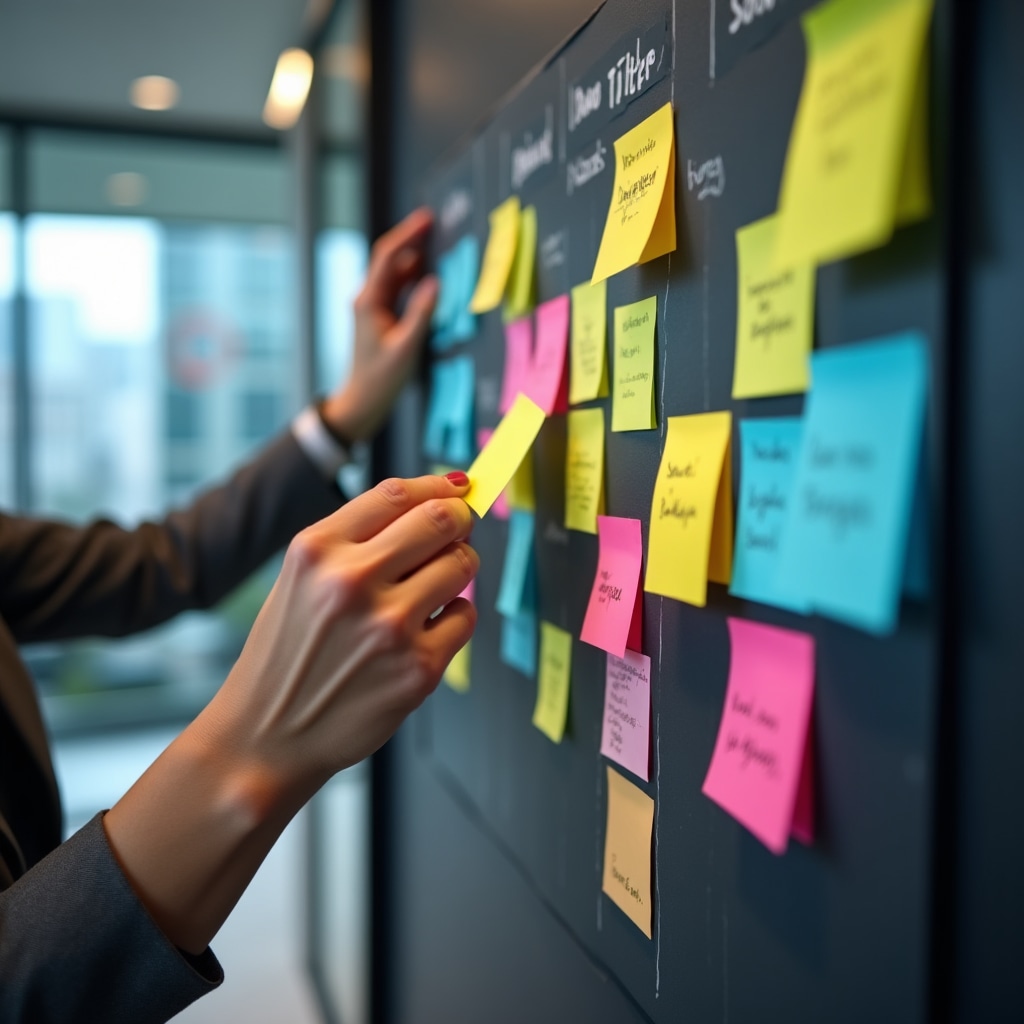 Tablou de planificare proiect cu post-it-uri colorate