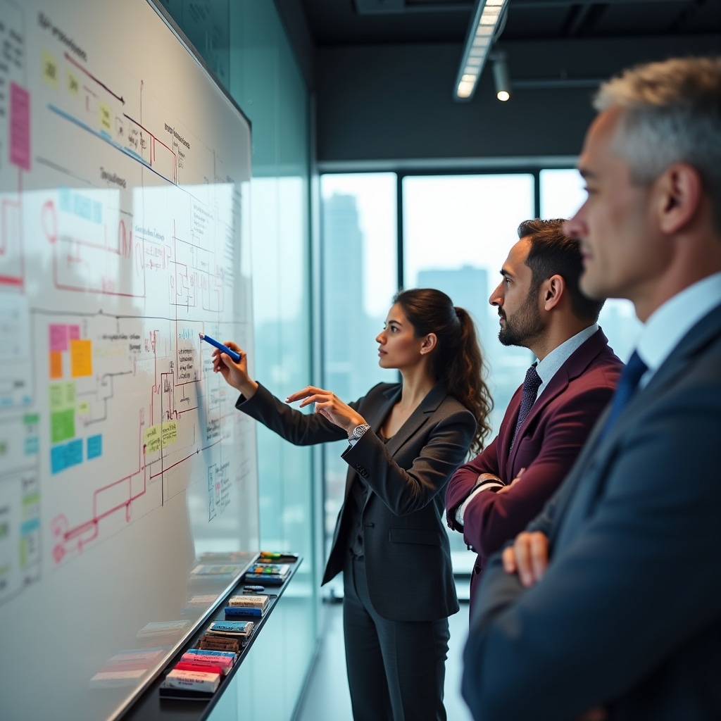 Echipă colaborând la whiteboard